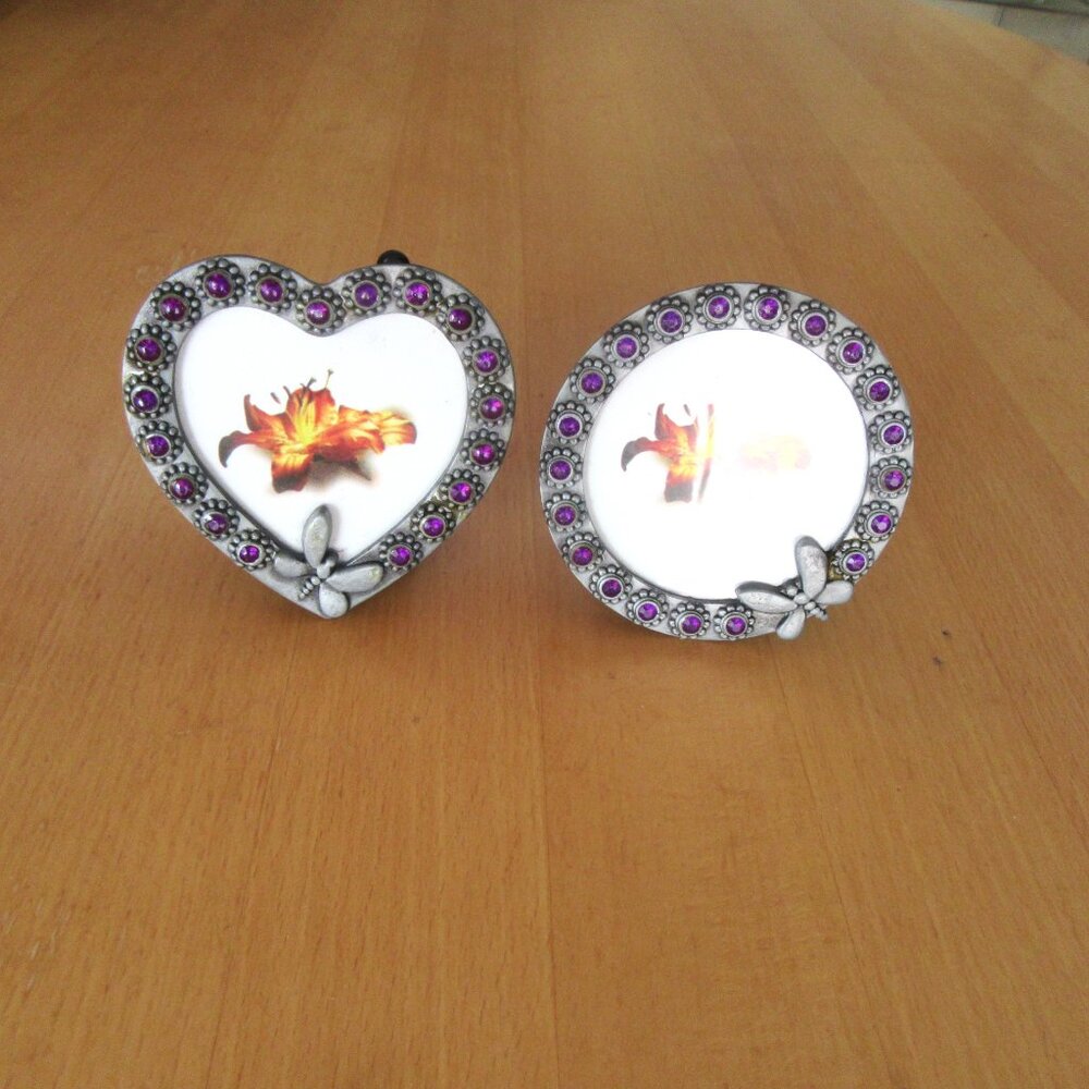 Purple rhinestone picture photo frames - round and heart shaped with butterfly